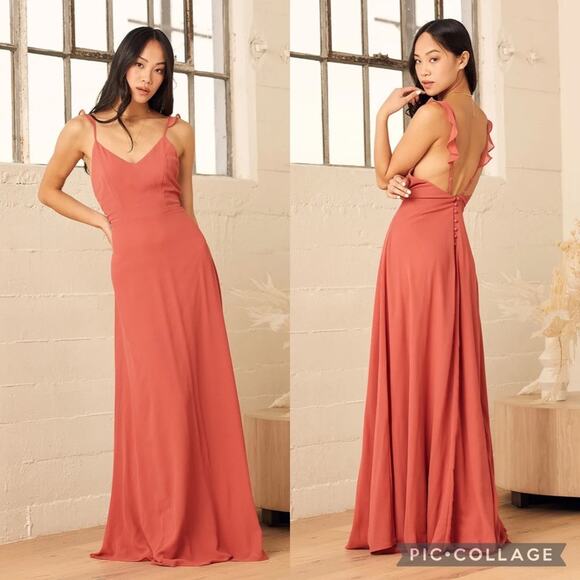 NWT Lulus Meteoric Rise Rusty Rose Maxi Dress Ruffle Strap Button Back Size S - Picture 1 of 16